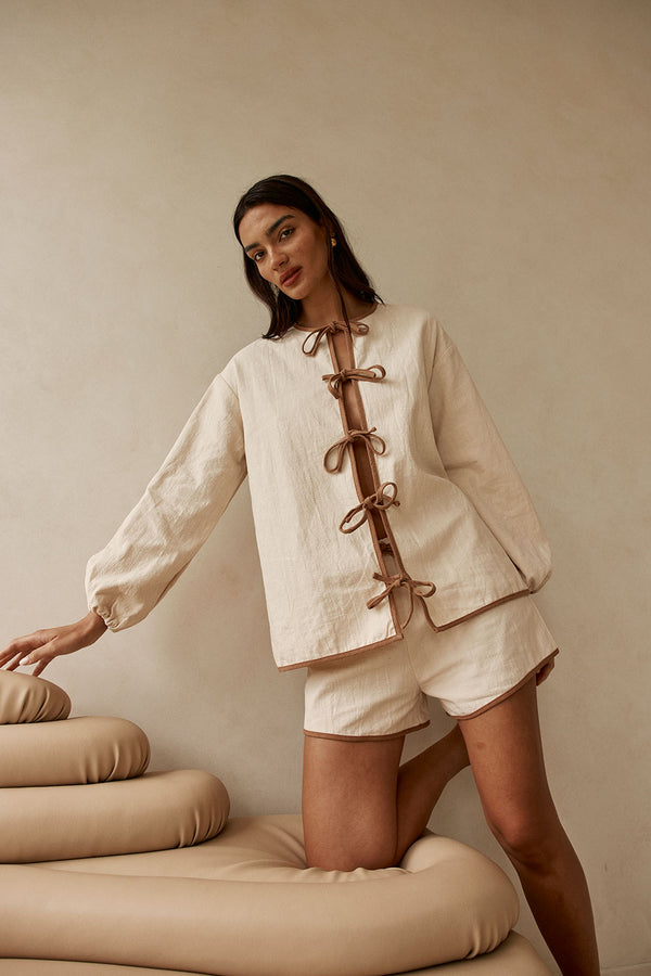 Beige High Waist Elastic Drawstring Paloma Shorts