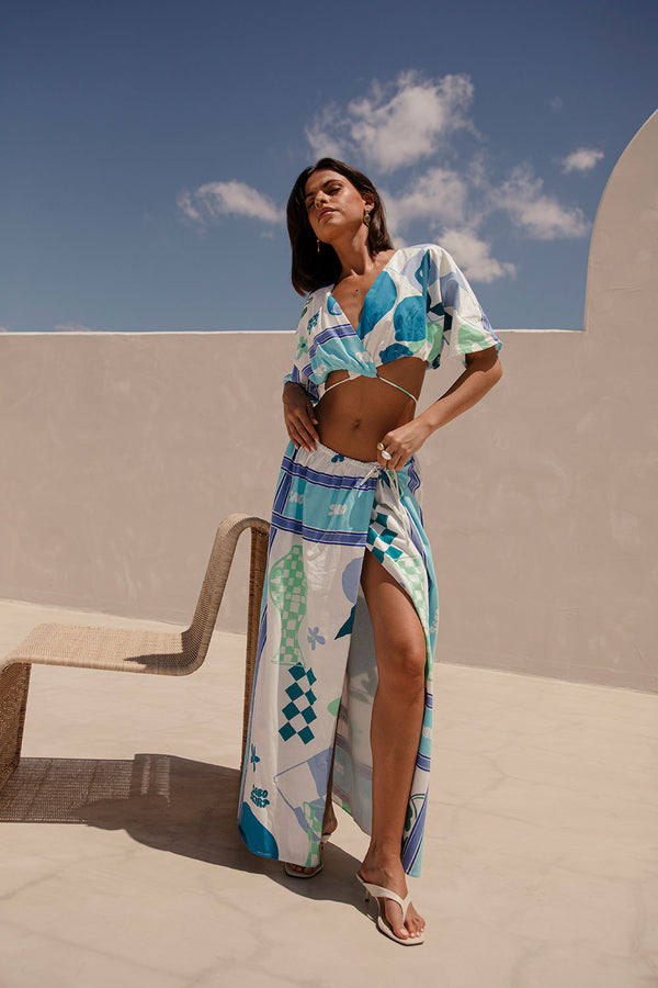 Naya Wrap Maxi Skirt - Scarf Azure, Blue, Green, White