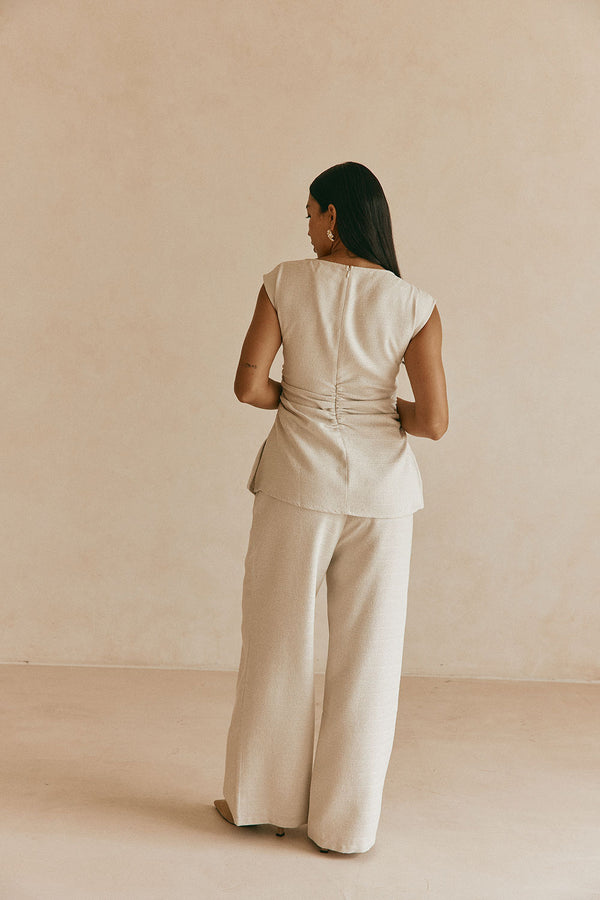 Beige Button Gathered Azul Top