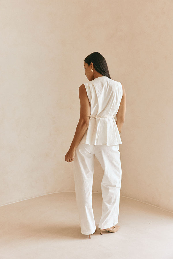 White Structured V Neck Pleated Vespera Top