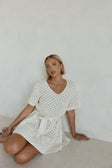 Cream Pointelle Knit Waist Tie Mini Demi Dress