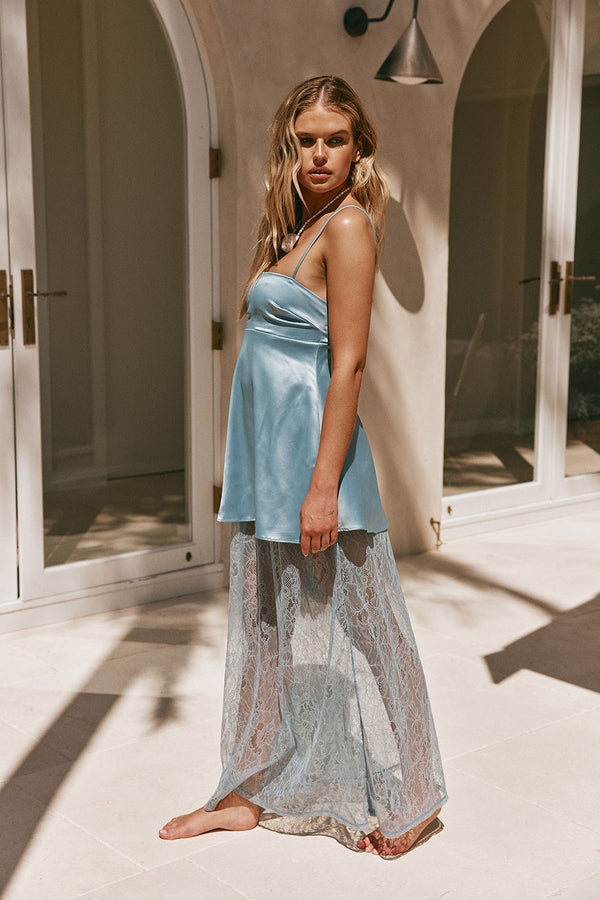 Baby Blue Silky Lace Maxi Dove Dress