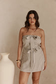 Grey and Black Pinstripe Strapless Bow Mini Tulia Dress