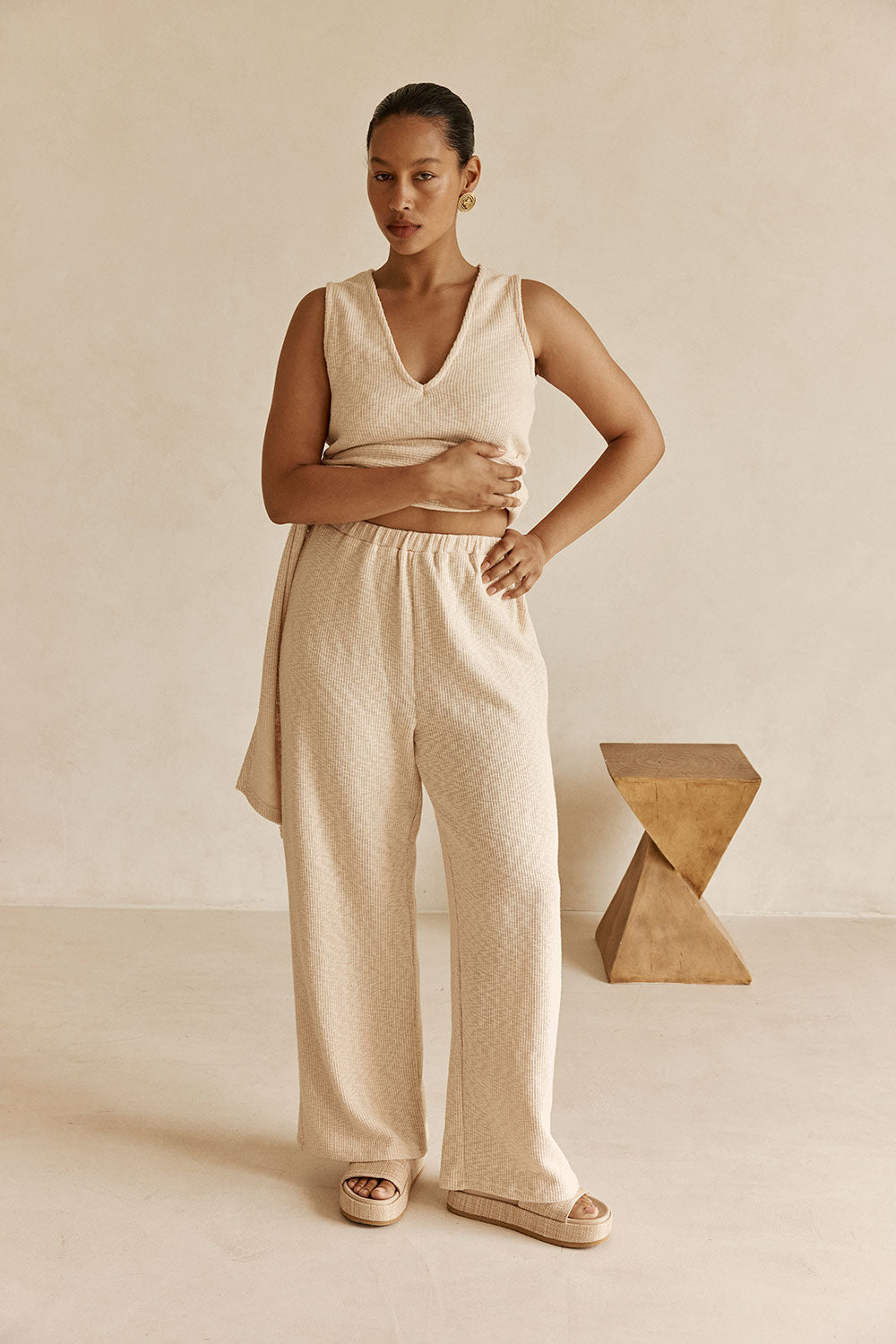 Beige Ribbed High Waist Liora Pants