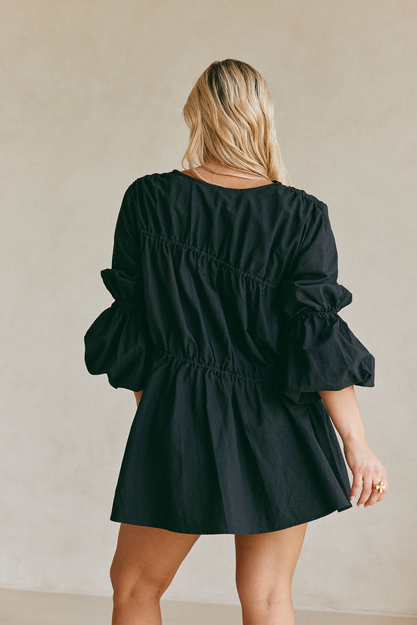 Ava Flounce Long Sleeve Mini Tie Dress - Black