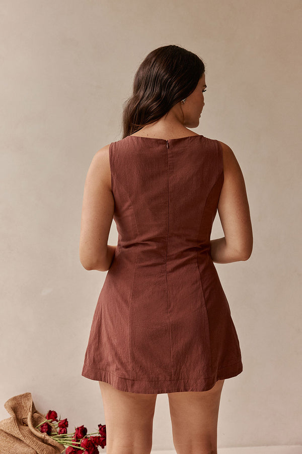 Chocolate Brown Button Flared Mini Graylee Dress