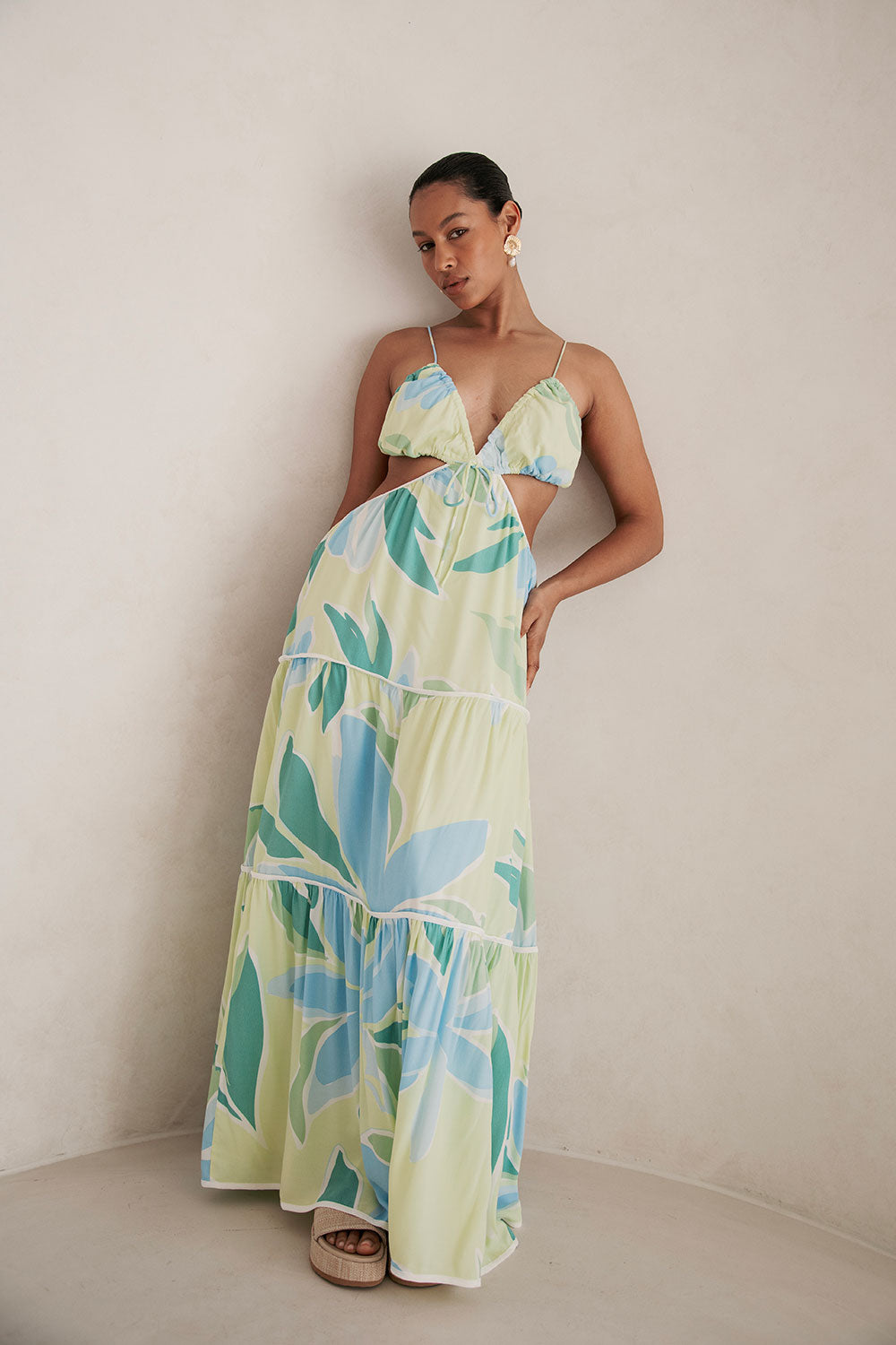 Backless Cutout Maxi Lotte Dress - Blue Green White