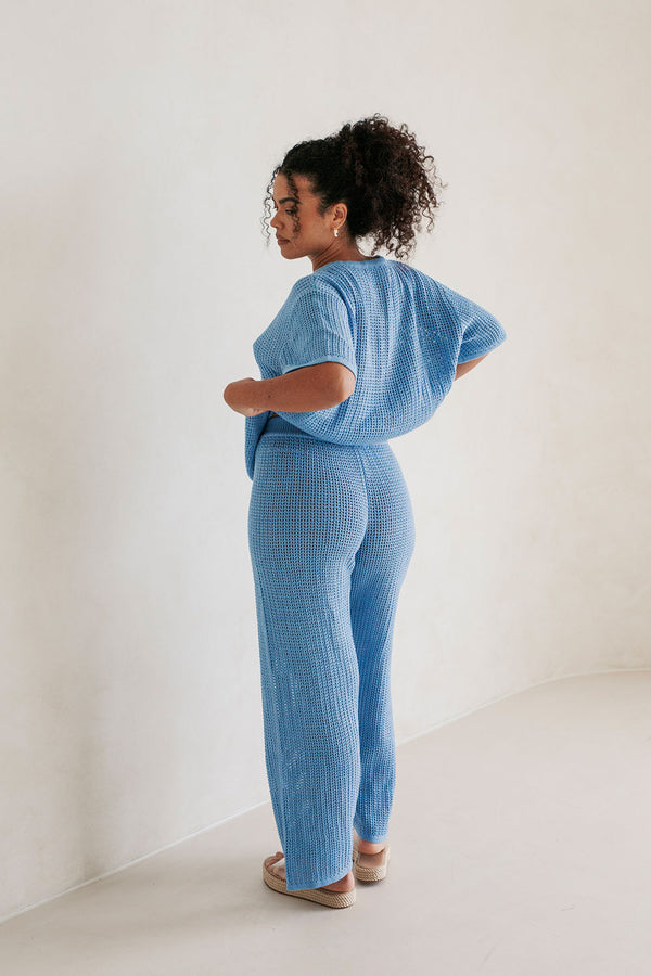 Blue Knit Elastic High Waist Wide Leg Zayna Pants