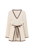 Farlee V Neckline Long Sleeve Front Tie Dress - Cream, Brown
