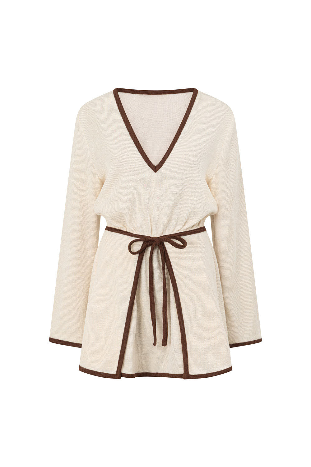 Farlee V Neckline Long Sleeve Front Tie Dress - Cream, Brown
