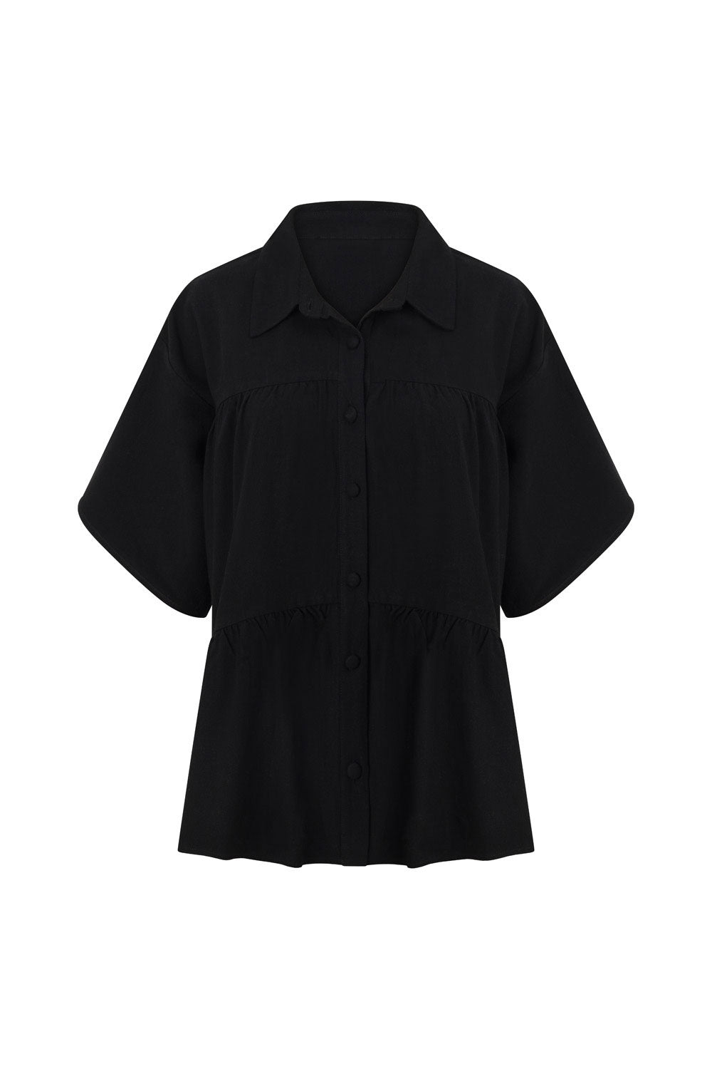 Black Short Sleeve Button Up Collar Luna Top