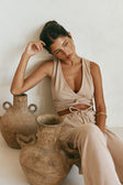 Tan Plunge V Neck Cutout Wrap Crop Sierra Top