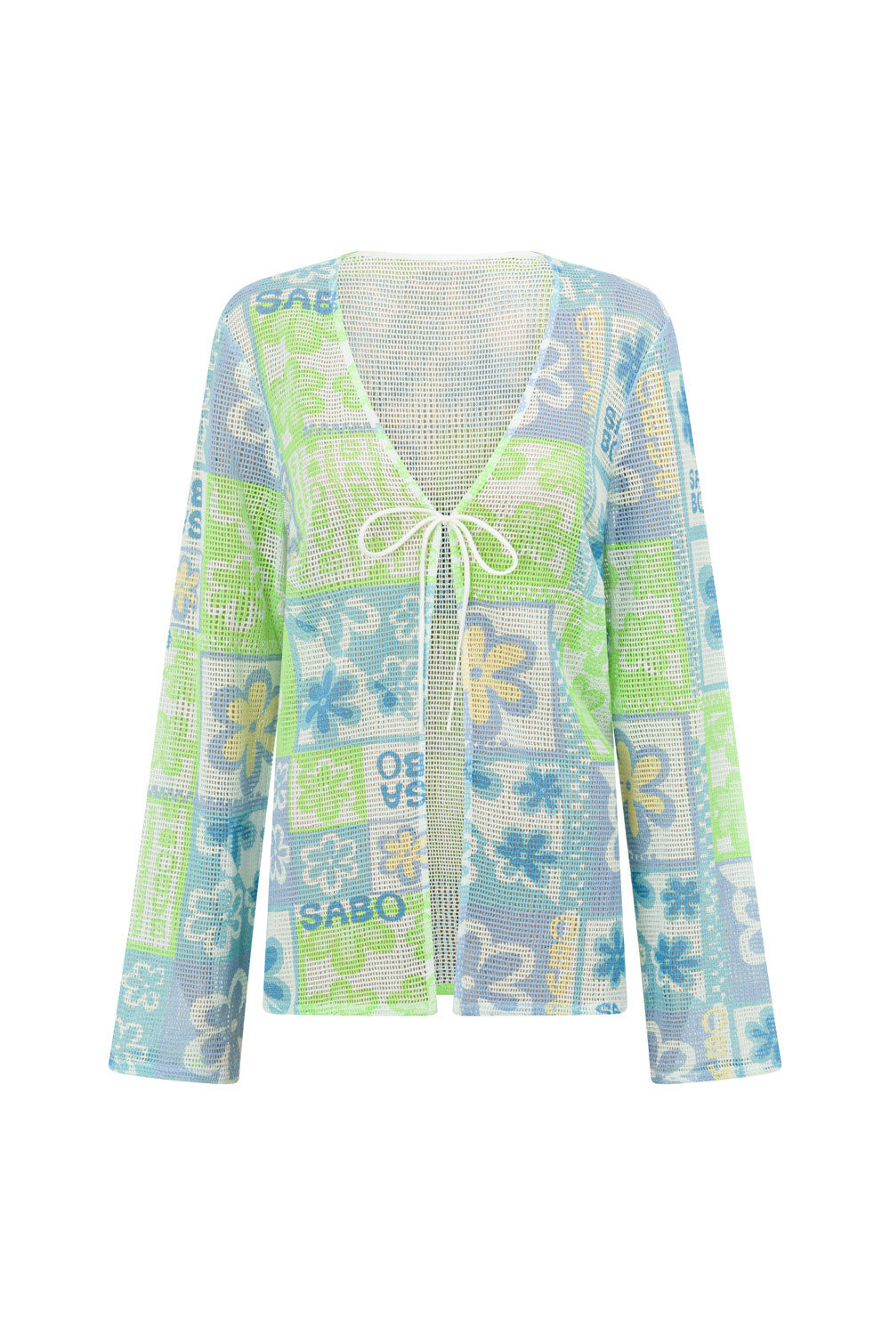 Sari Long Sleeve Tie Up Mesh Top - Verano Floral, Postcard, Blue, Green, White, Yellow