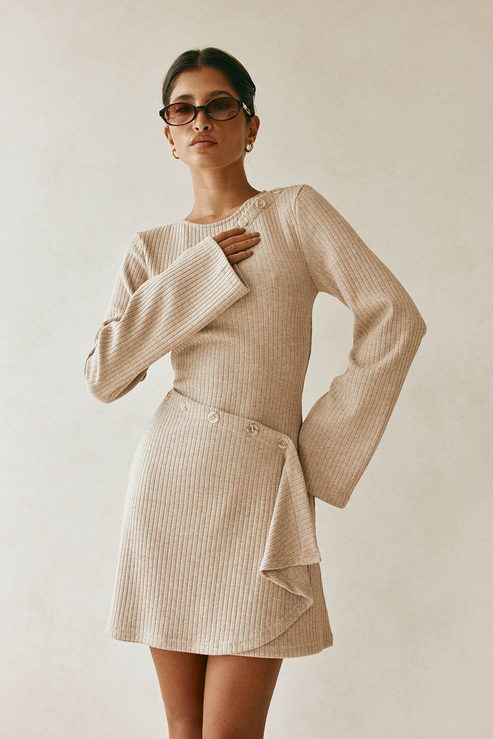 Tan Ribbed Long Sleeve Button Mini Alexia Dress