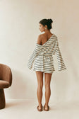 Cabana Off Shoulder Long Sleeve Mini Dress - Cream, Black Stripe