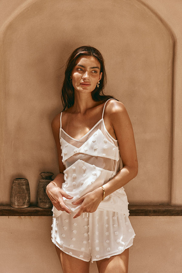 White Textured Spots Strappy Panelled Jacerra Top