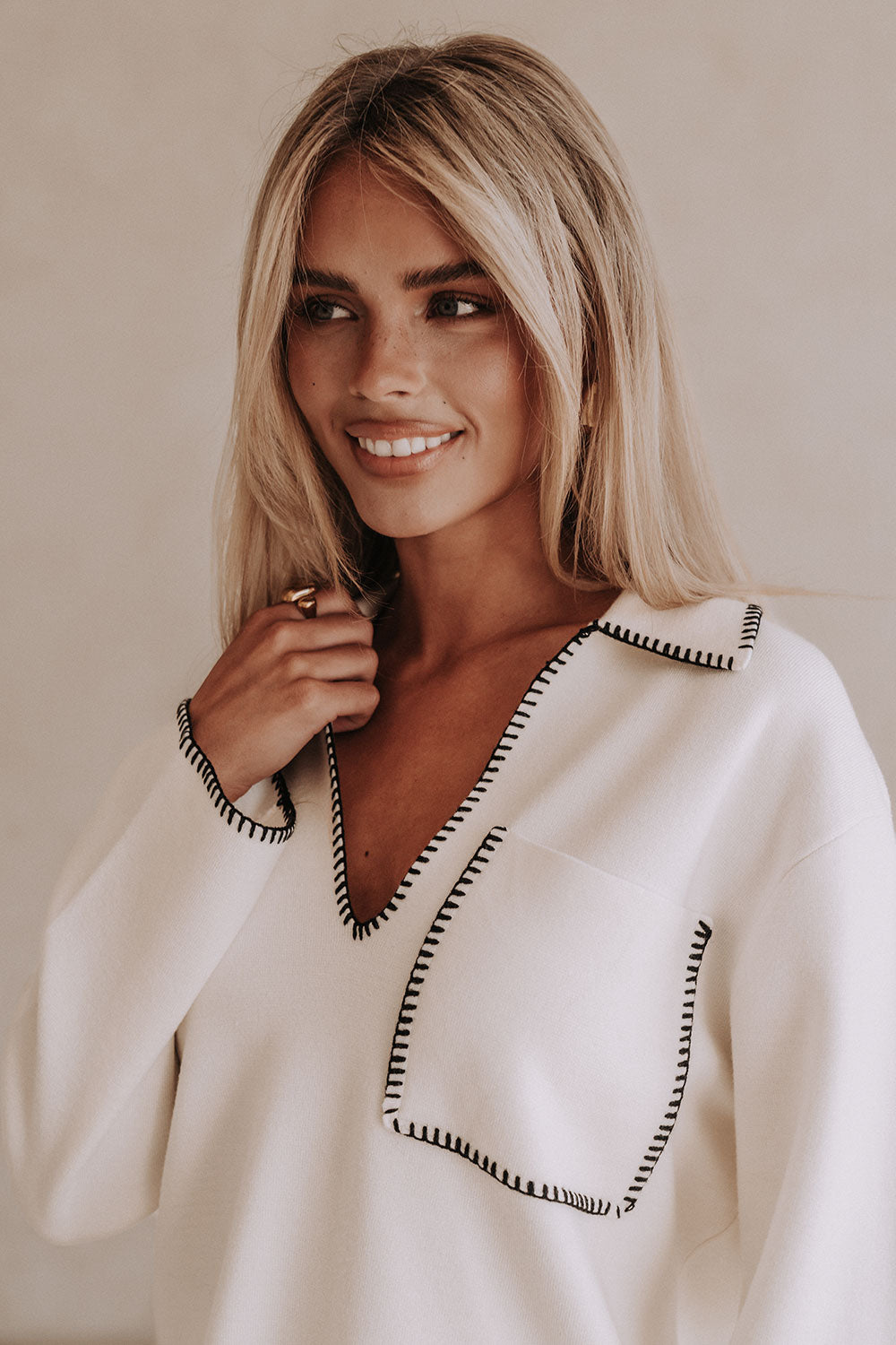 Alara Collared Long Sleeve Top - White, Black Knit Trim