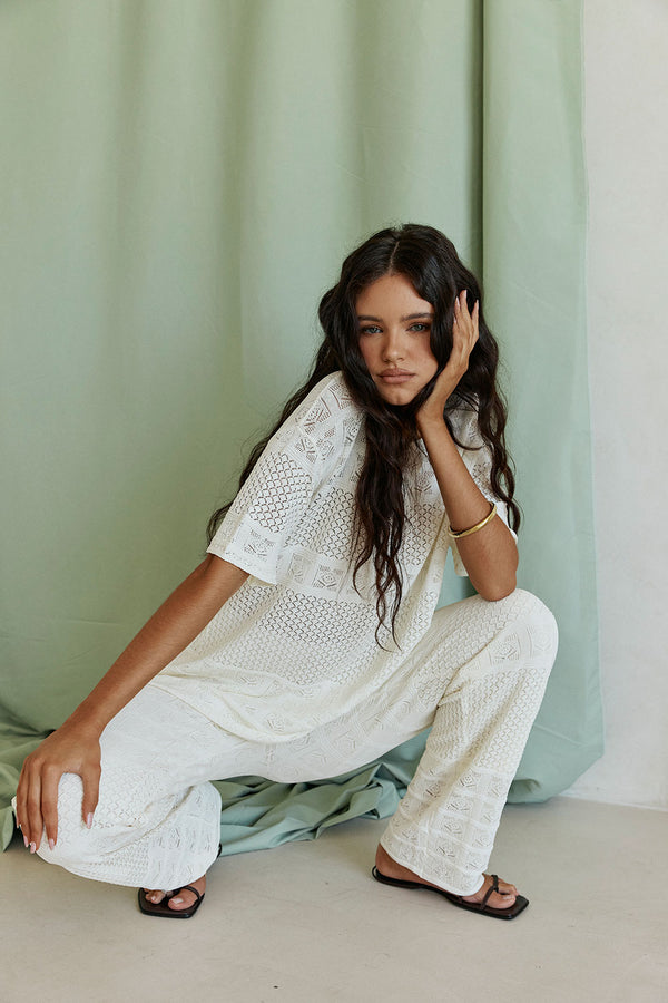 Cream Crochet Elastic High Waist Nixie Pants