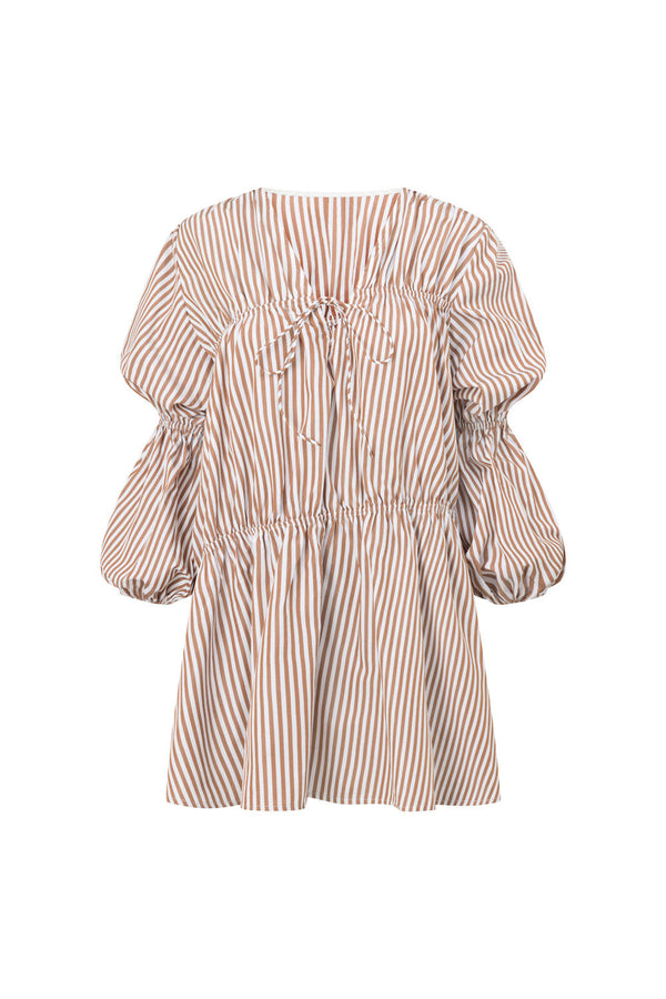 Naloo Long Sleeve Tie Mini Dress - Brown, White Stripe