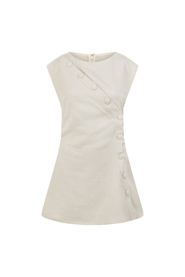 Beige Button Flared Mini Leighton Dress