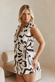 Cream Floral Fleur Lines Print V Neck Mini Amaya Dress
