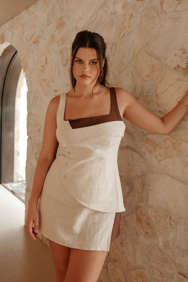 Azari Paneled Mini Dress - Brown, Beige