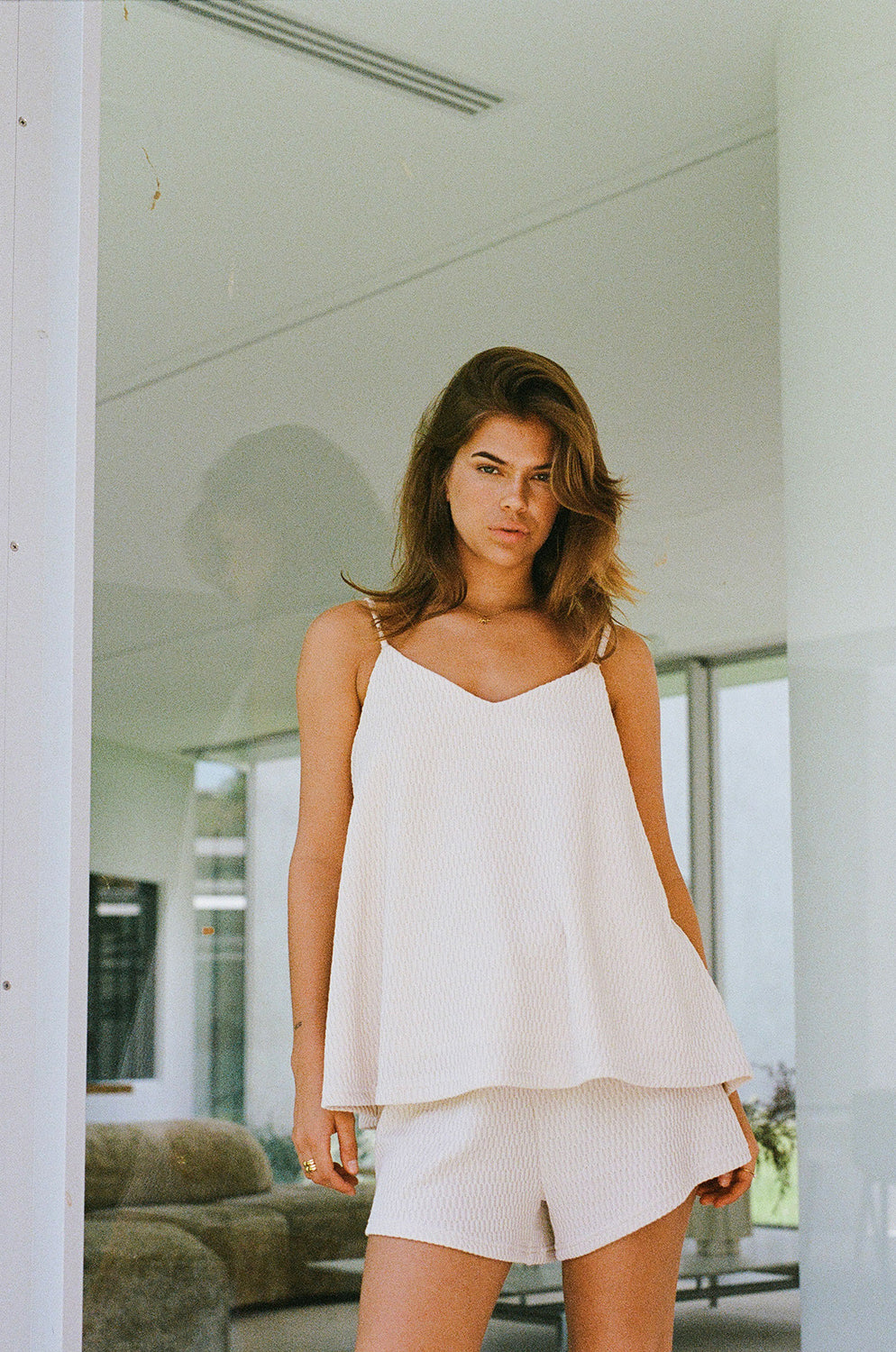 Beige V Neck Adjustable Strap Boston Top