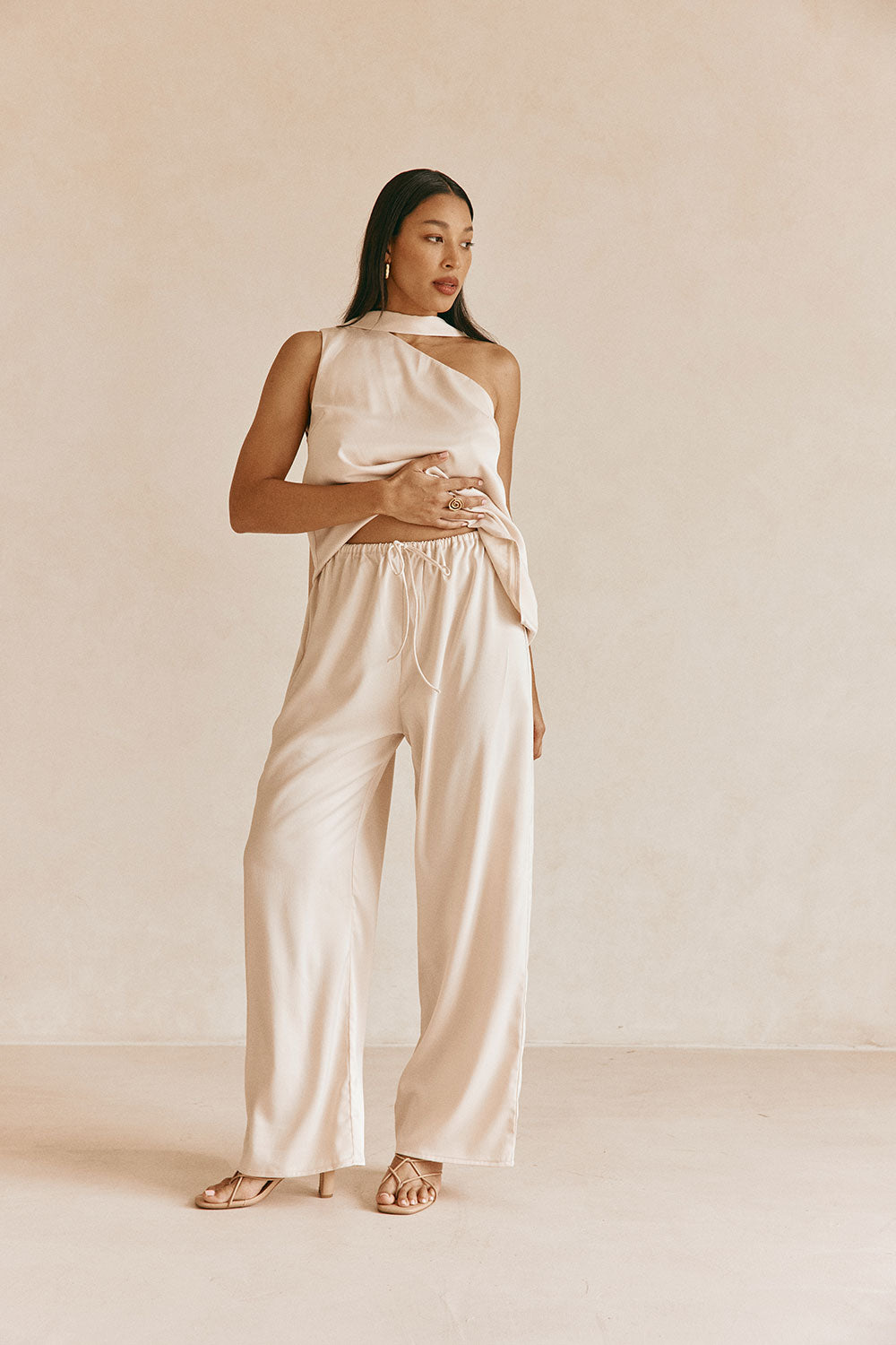 Beige Silky Elastic Drawstring Koda Pants