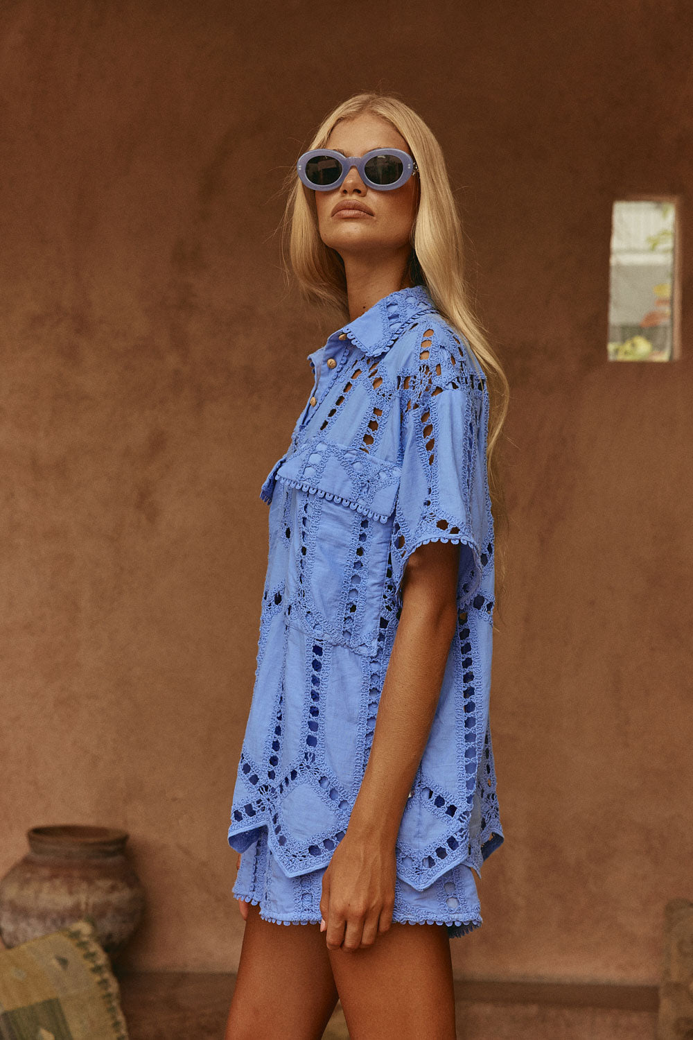 Blue Cotton Cutwork Button Up Alyce Shirt
