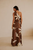 Lessi One Shoulder Tie Maxi Dress - Galene Brown Print