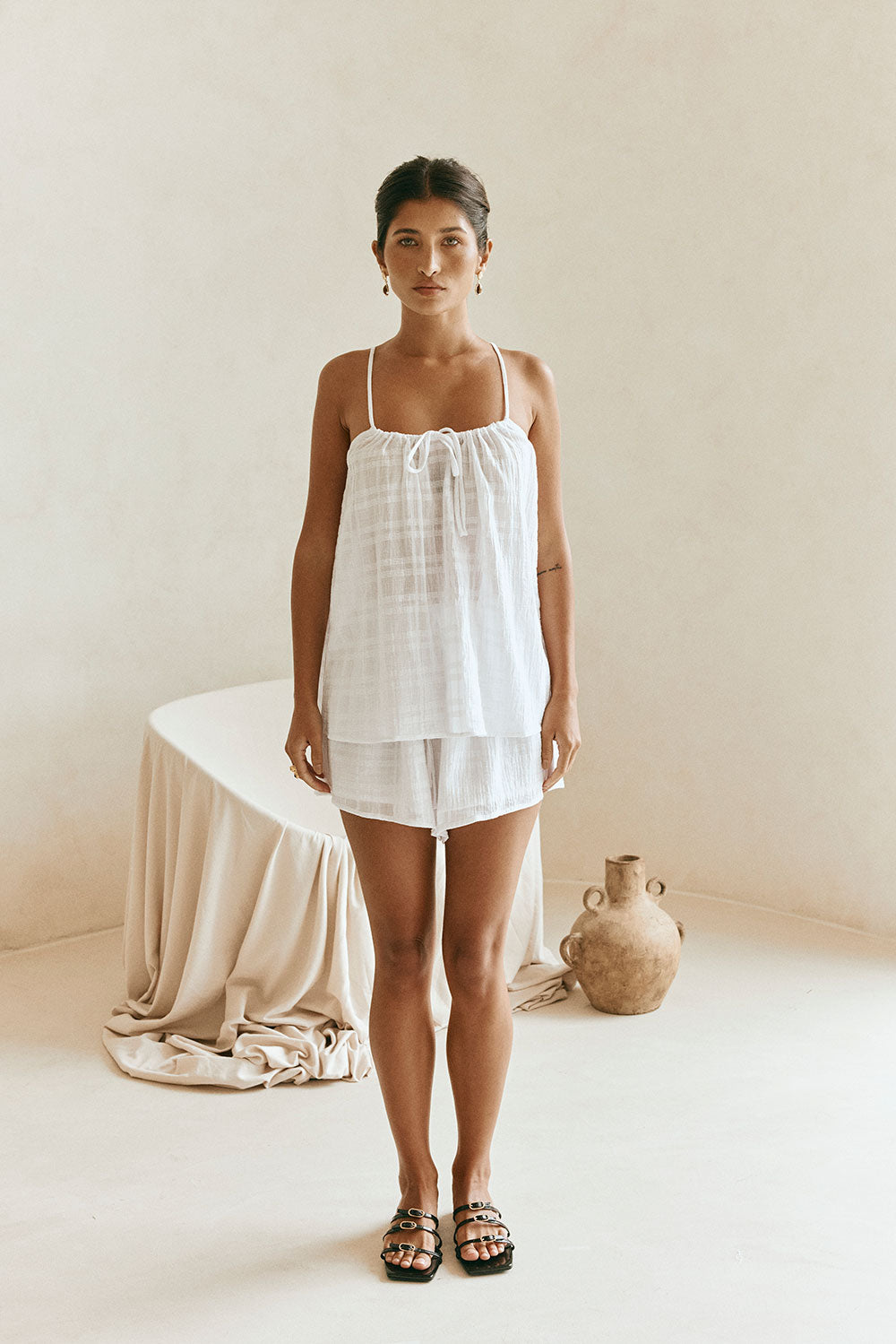 Jetta Adjustable Thin Strap Tie Top - White Plaid