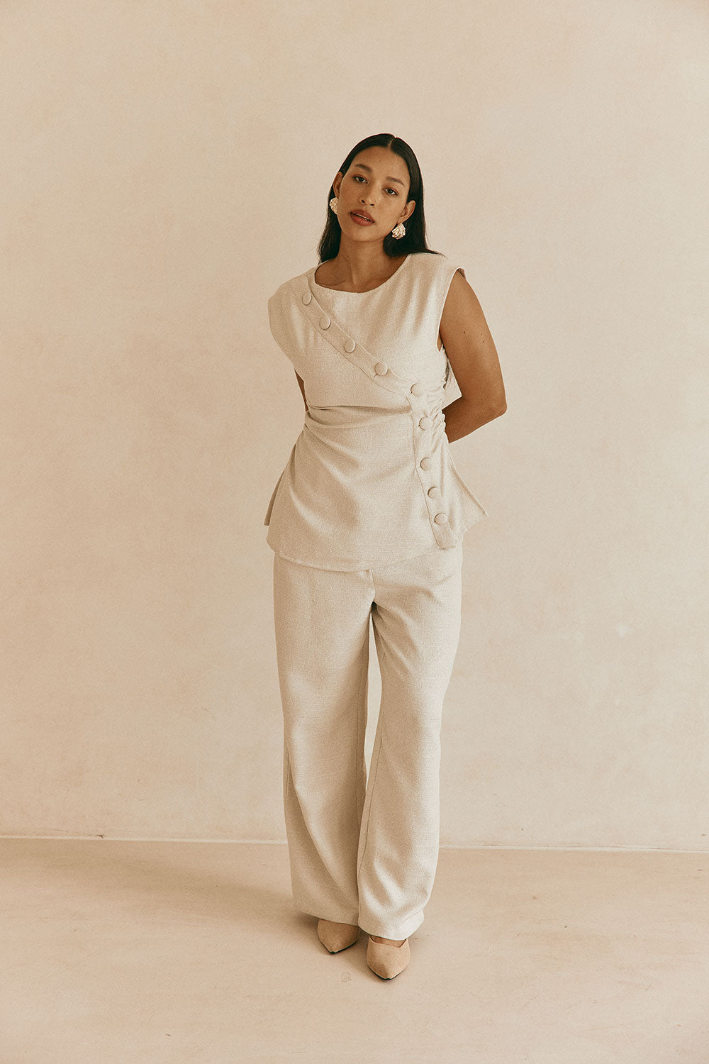 Beige Button Gathered Azul Top