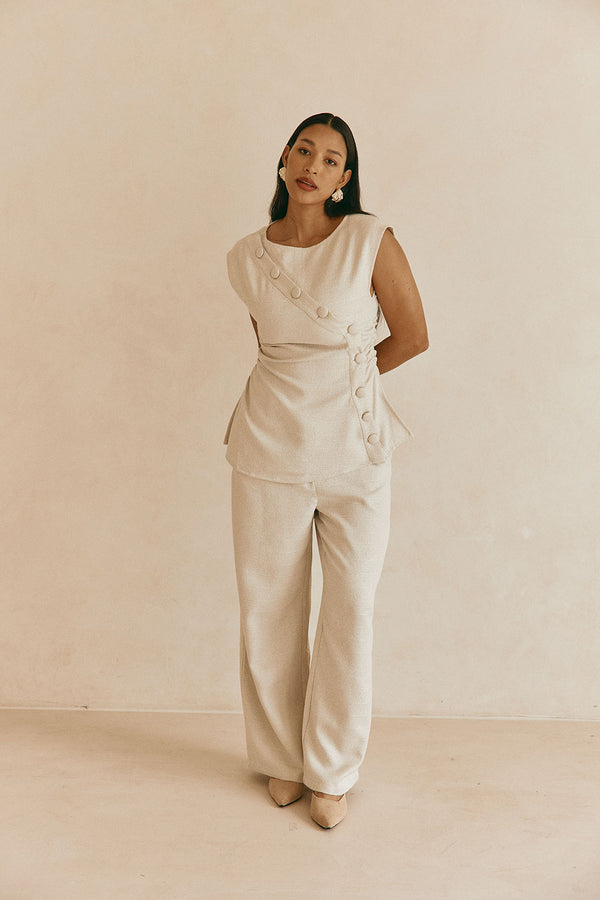 Beige Button Gathered Azul Top