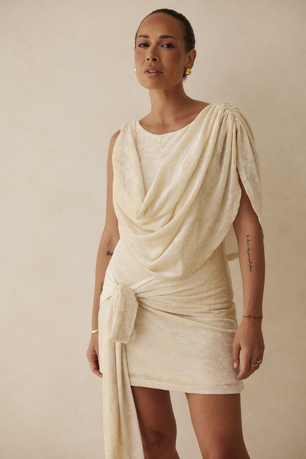 Beige Suede Plunge V Neck Tie Mini June Dress