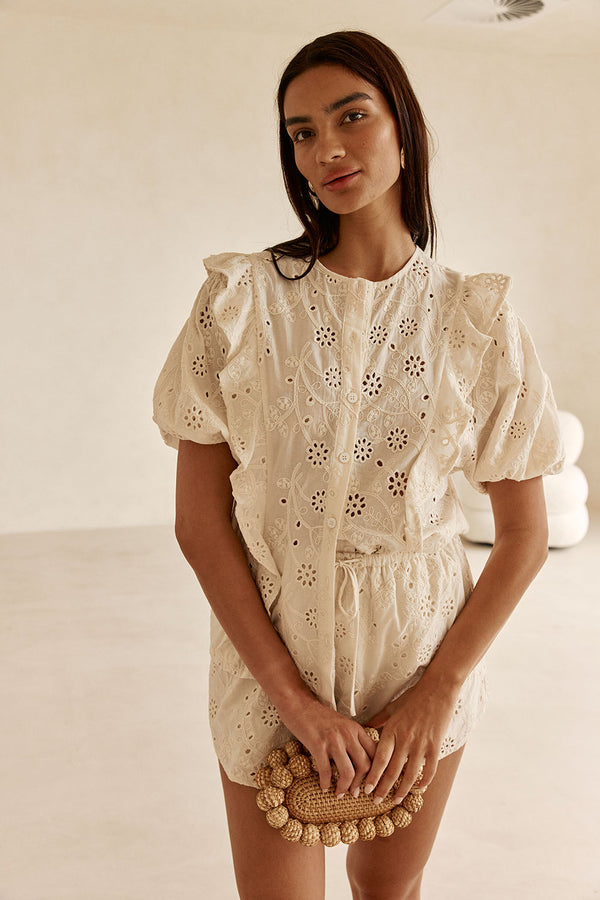 Beige Broderie Ruffle Button Up Wynter Top