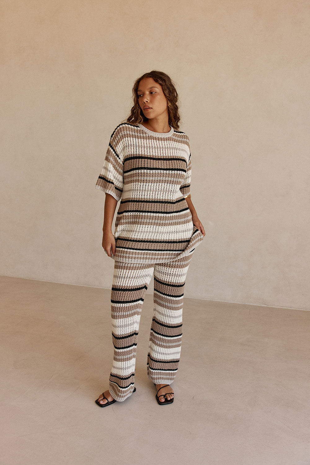 Tan and White Stripe Knit High Waist Java Pants
