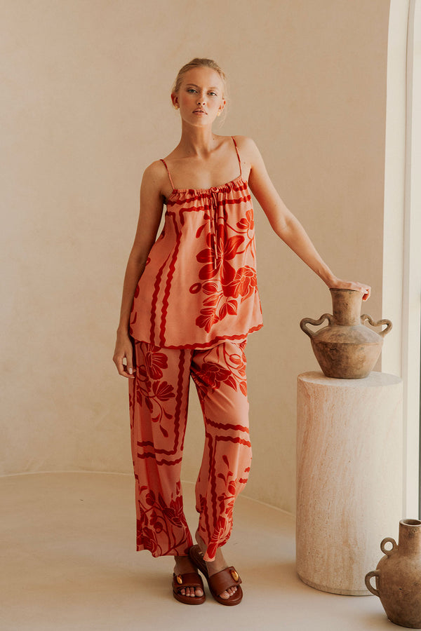 Alani Elasticated Tie Pants - Fiore Postcard Print in Coral Pink and Red