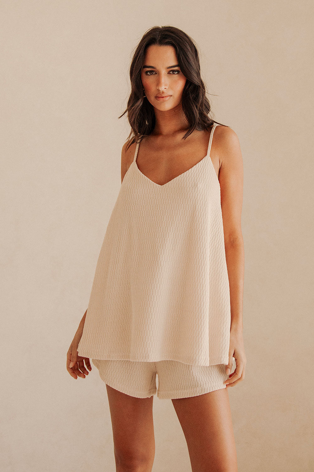 Beige V Neck Adjustable Strap Boston Top