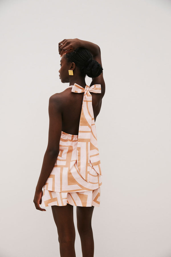 Pink Hellenic Maze Backless V-Neck Halter Mini Alora Dress