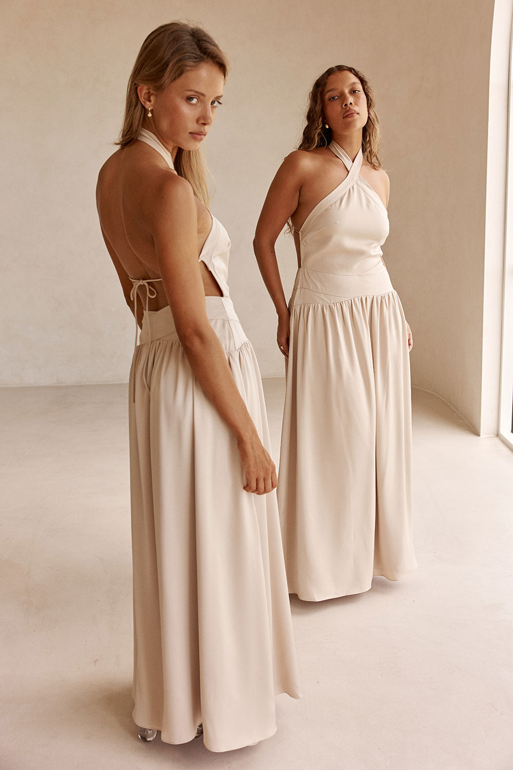 Beige Silky Halter Maxi Rani Dress