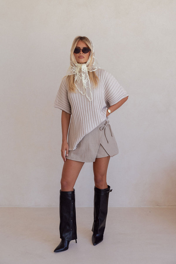 Grey Linen Blend High Waist Wrap Mini Rocio Skort