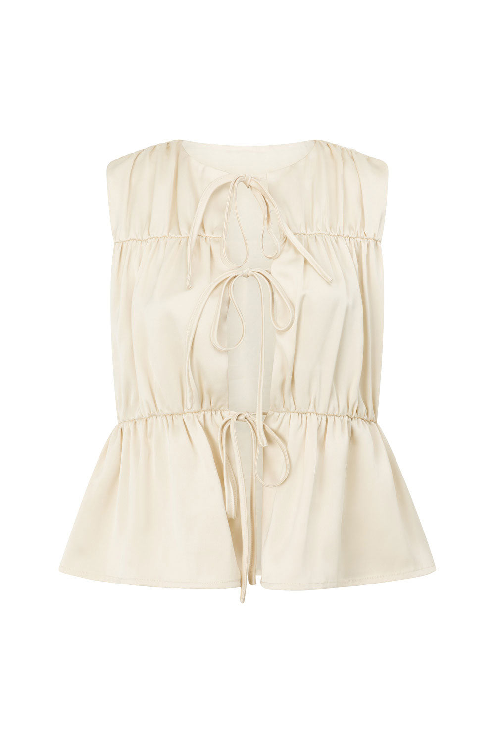 Beige Ruched Panelled Front Tie Juliette Top