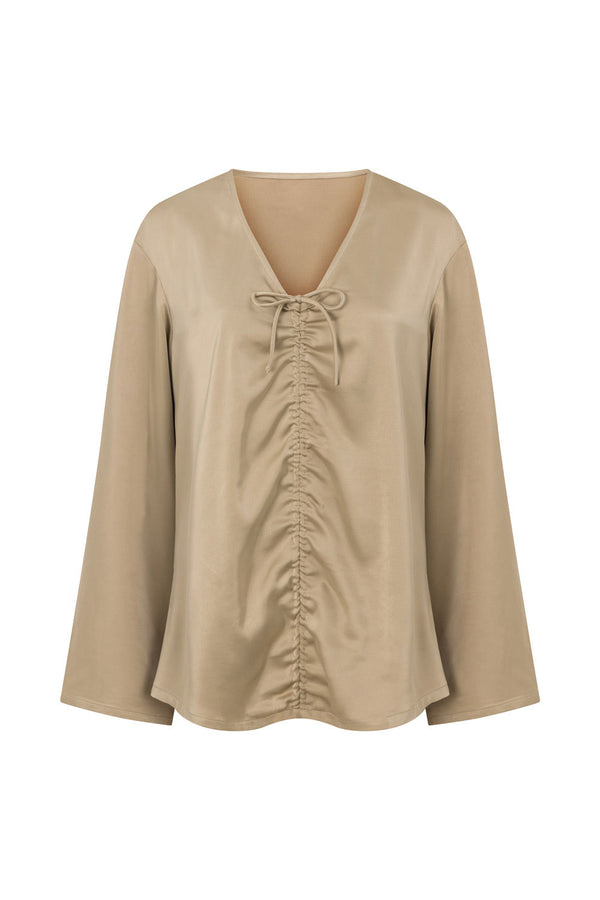 Khaki Silky Long Sleeve Ruched Bindi Top