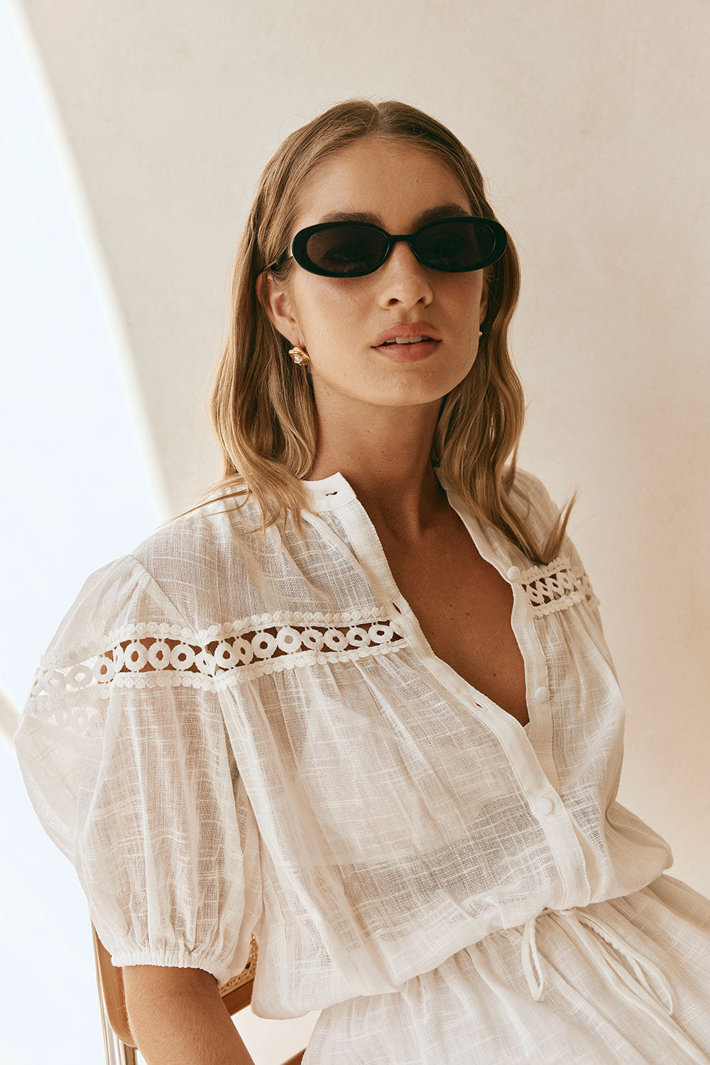 White Lace Button-Up Drawstring Short Sleeve Joi Playsuit