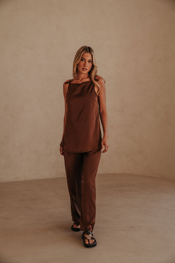 Chocolate Brown Thin Strap Backless Kinsley Jumpsuit