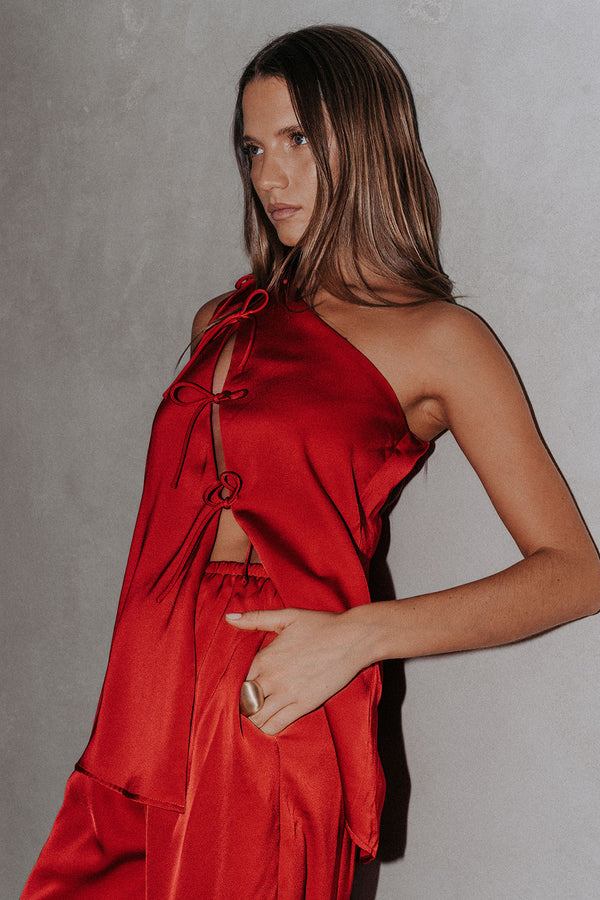 Red Backless One-Shoulder Front Tie Natalie Jumpsuit