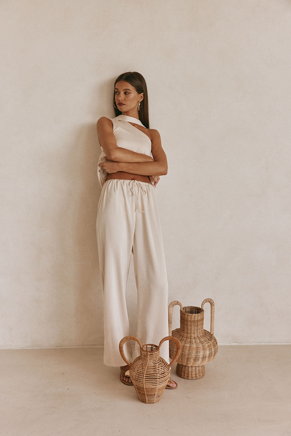 Beige Silky Elastic Drawstring Koda Pants