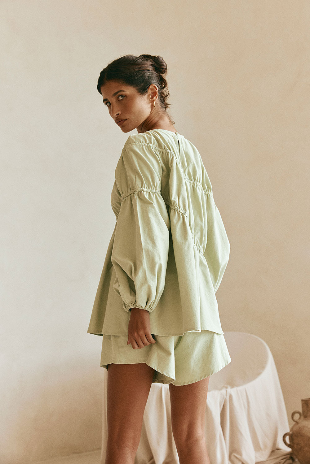 Akel Long Sleeve Flounce Top - Mint, Green