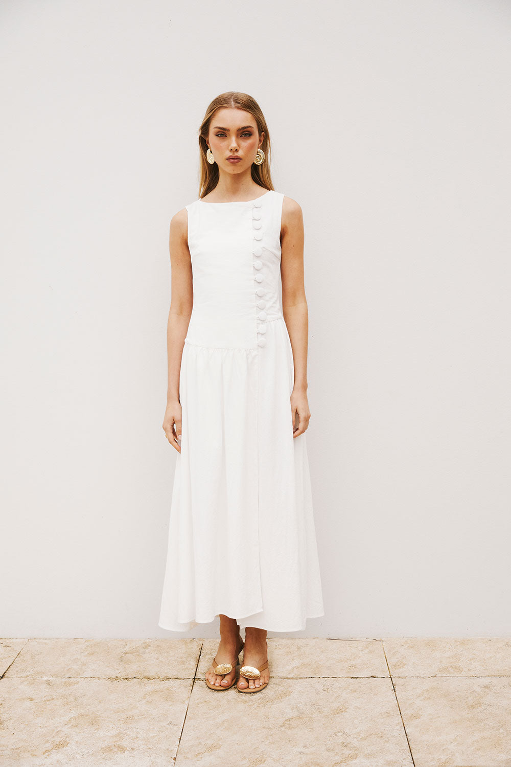 White Button Split Maxi Odessa Dress