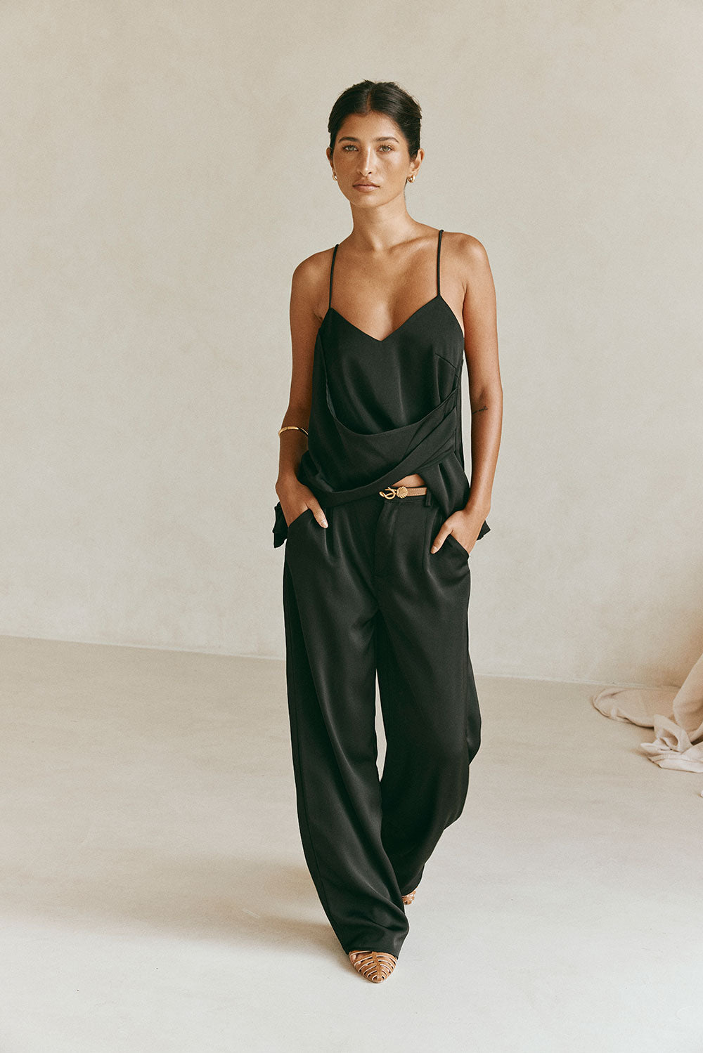 Black Strappy Plunge V Neck Asymmetric Zarah Top